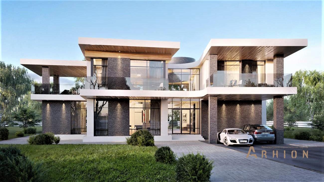 1. Проект двухэтажного дома в стиле хай-тек с плоской кровлей , rh-558, площадью - 558 кв c сауной, терассой, балконом, гаражом, вторым светом