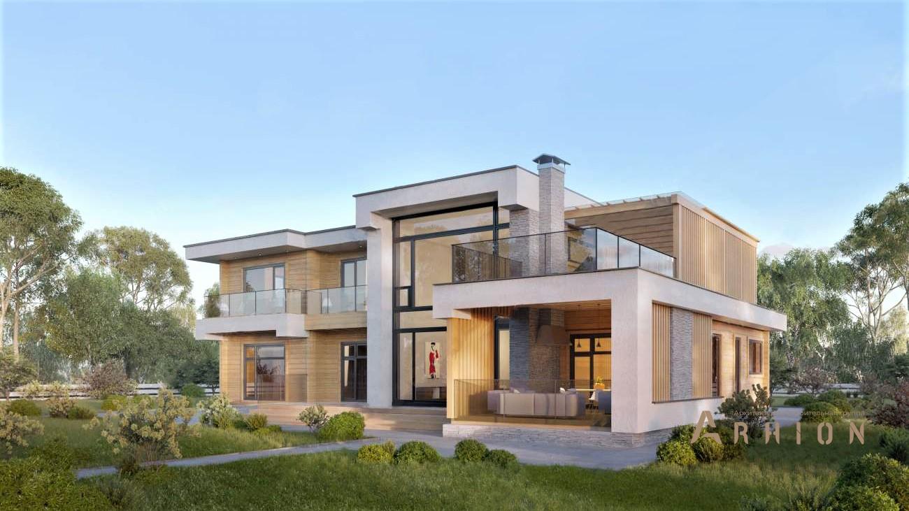 1. Проект двухэтажного дома в стиле хай-тек с плоской кровлей , rh-582, площадью - 582 кв c сауной, терассой, балконом, гаражом, вторым светом