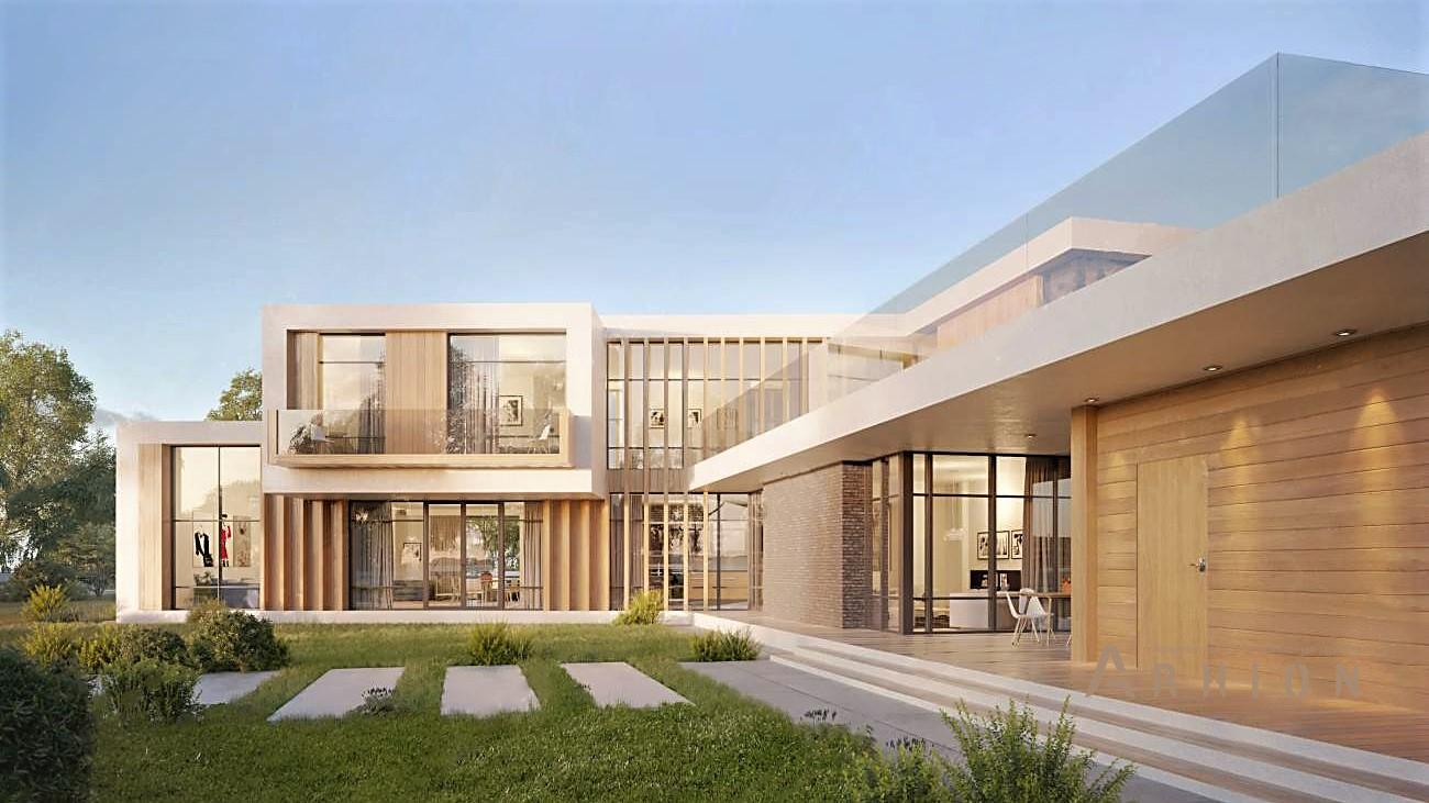 1. Проект двухэтажного дома в стиле хай-тек с плоской кровлей , rh-610, площадью - 610 кв c сауной, терассой, балконом, гаражом, вторым светом