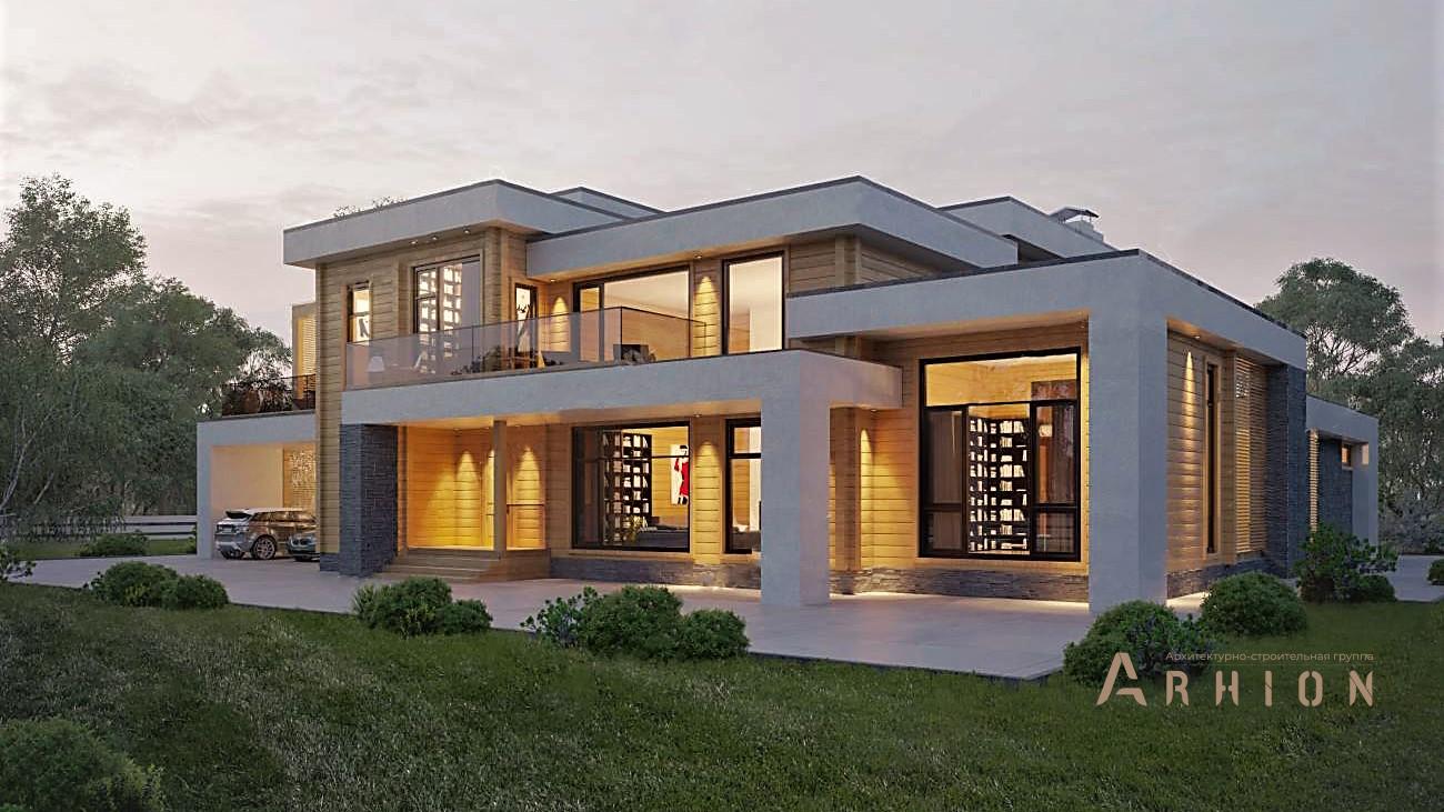 1. Проект двухэтажного дома в стиле хай-тек с плоской кровлей , rh-616, площадью - 616 кв c сауной, терассой, балконом, гаражом, вторым светом