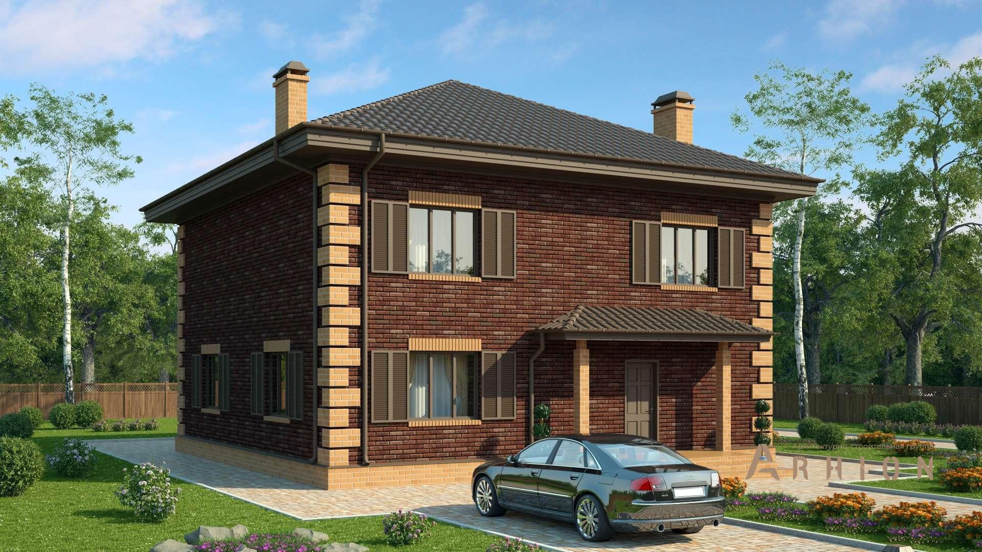 1. Проект двухэтажного дома в английском стиле с многоскатной кровлей, s-196-1, площадью - 196 кв c цокольным этажом