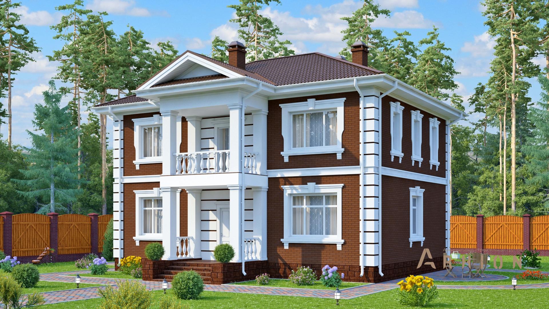 7. Проект двухэтажного дома в английском стиле с многоскатной кровлей, s-197, площадью - 186 кв c цокольным этажом, балконом