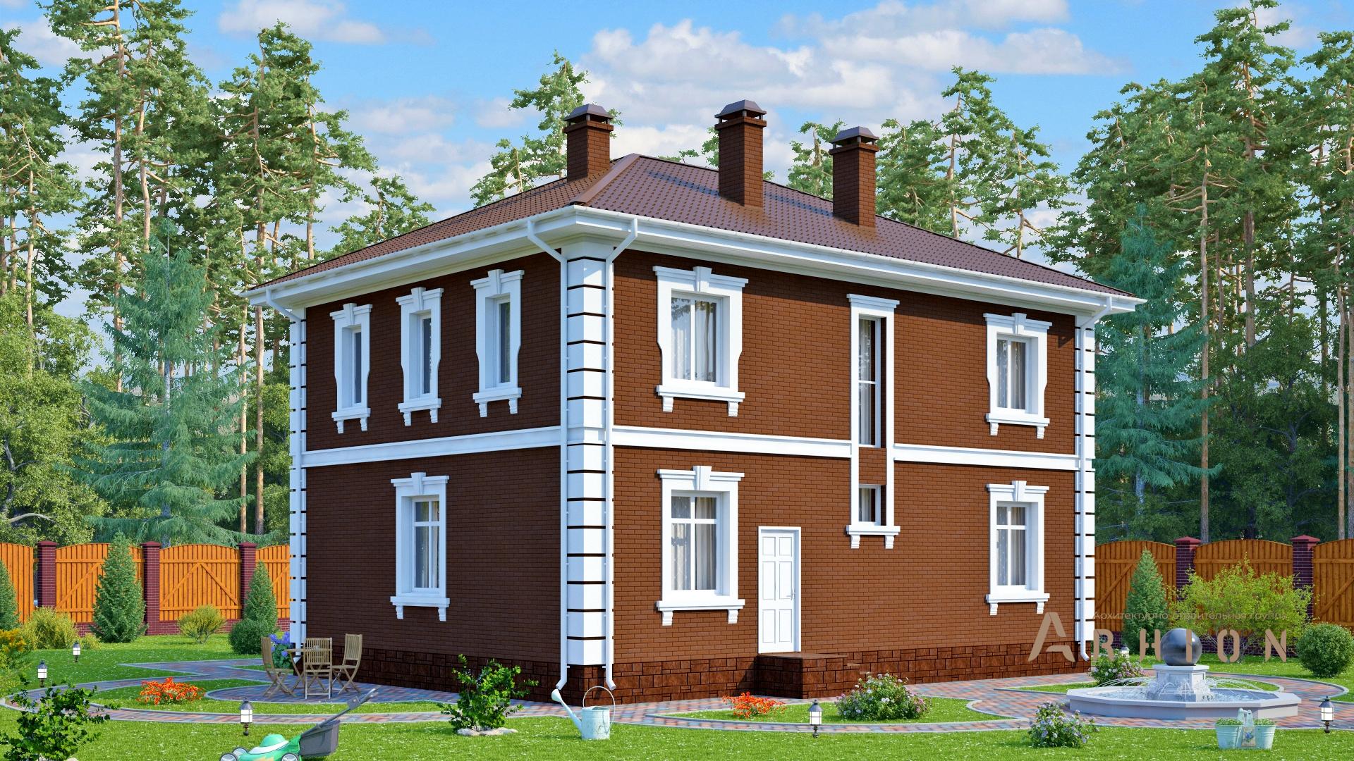 4. Проект двухэтажного дома в английском стиле с многоскатной кровлей, s-197, площадью - 186 кв c цокольным этажом, балконом