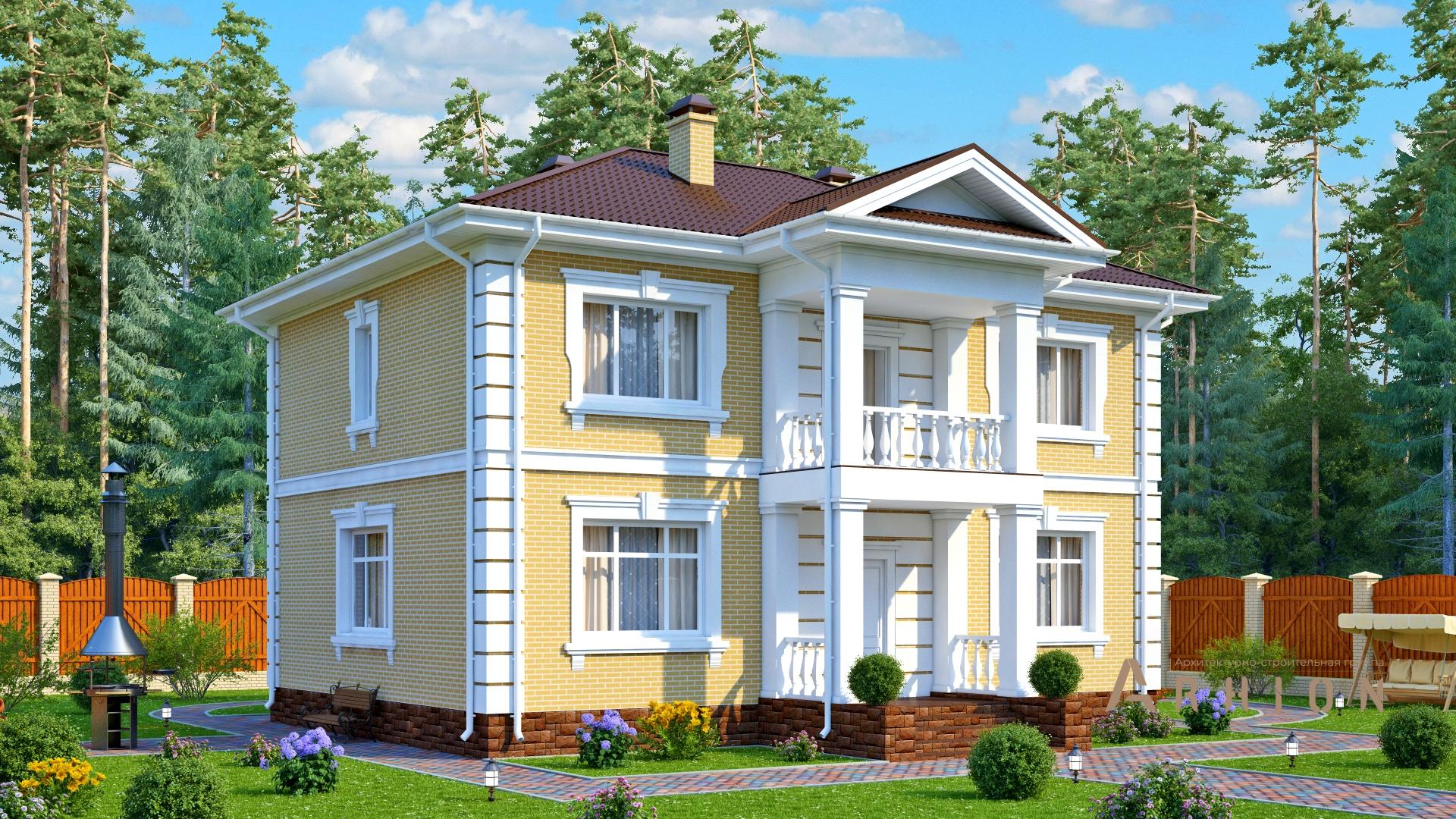 6. Проект двухэтажного дома в английском стиле с многоскатной кровлей, s-197, площадью - 186 кв c цокольным этажом, балконом