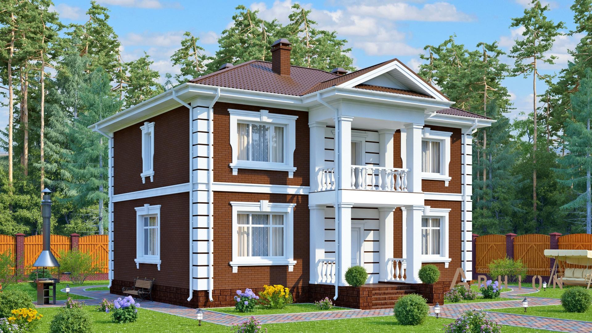 2. Проект двухэтажного дома в английском стиле с многоскатной кровлей, s-197, площадью - 186 кв c цокольным этажом, балконом