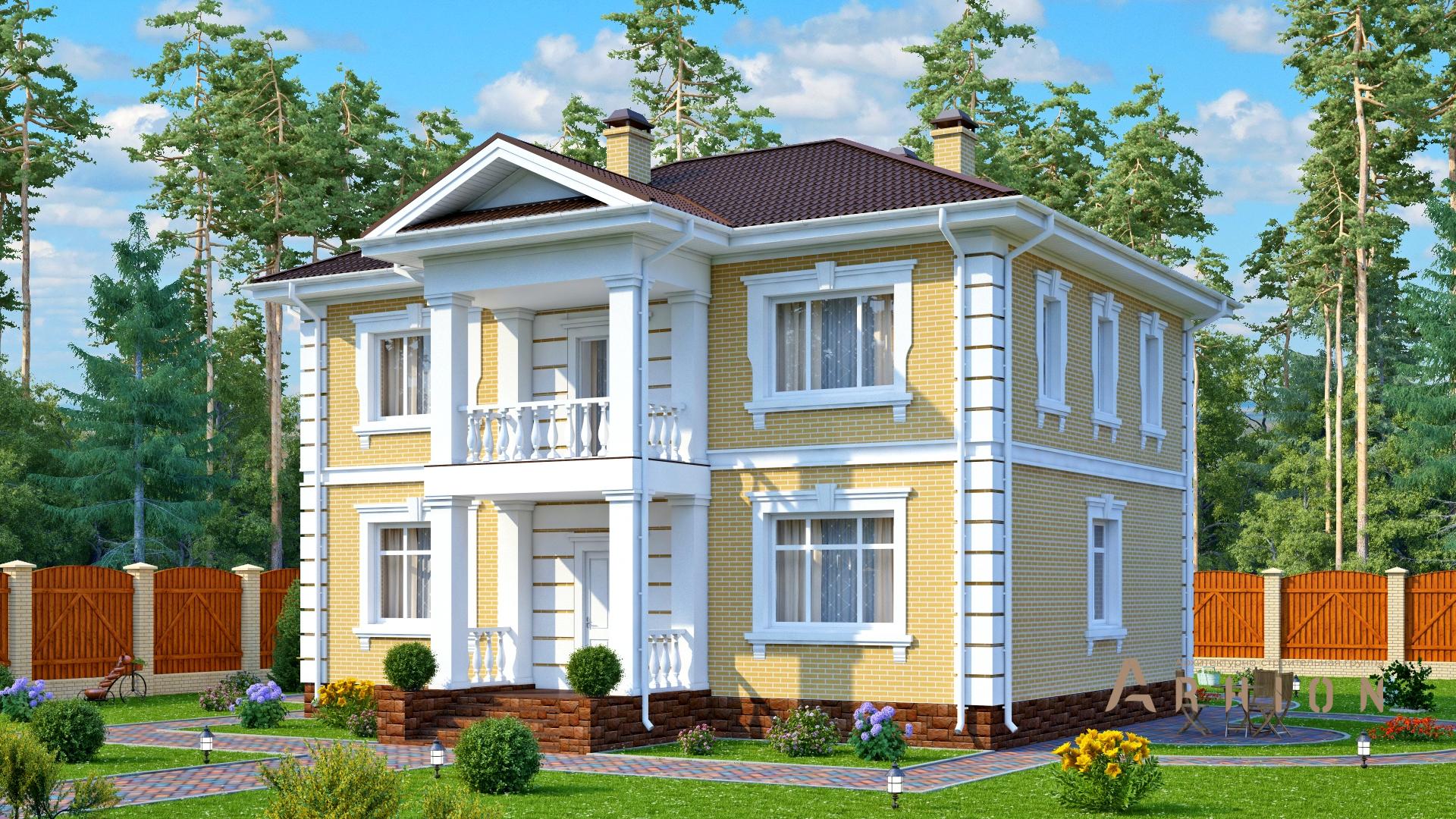 5. Проект двухэтажного дома в английском стиле с многоскатной кровлей, s-197, площадью - 186 кв c цокольным этажом, балконом