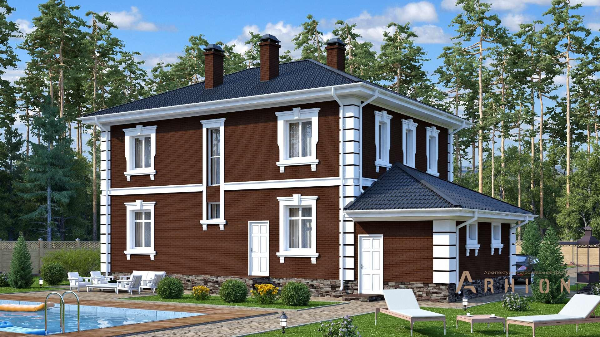 4. Проект двухэтажного дома в английском стиле с многоскатной кровлей, s-216, площадью - 205 кв c цокольным этажом, балконом, гаражом, бассейном