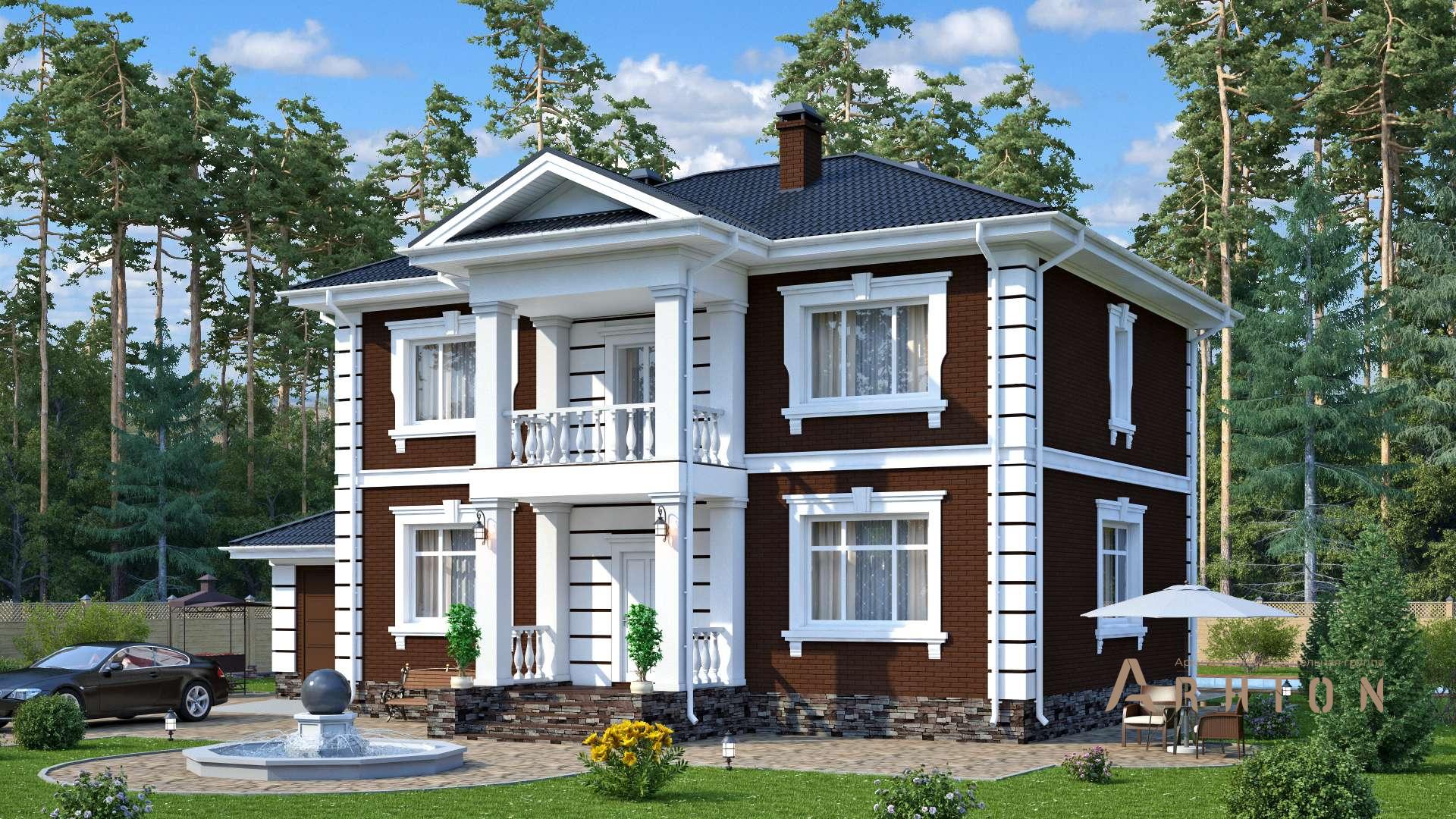 3. Проект двухэтажного дома в английском стиле с многоскатной кровлей, s-216, площадью - 205 кв c цокольным этажом, балконом, гаражом, бассейном