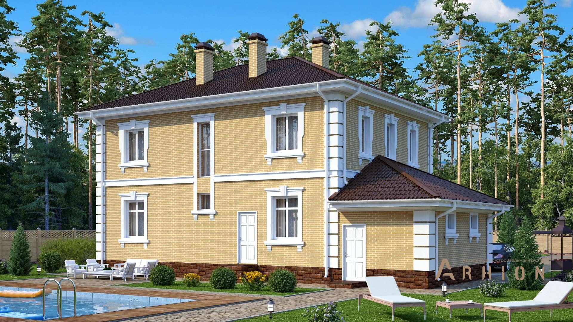 6. Проект двухэтажного дома в английском стиле с многоскатной кровлей, s-216, площадью - 205 кв c цокольным этажом, балконом, гаражом, бассейном