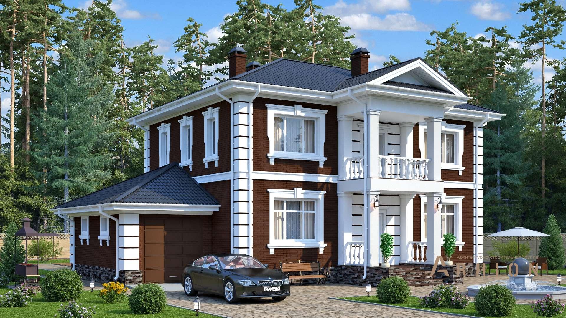 5. Проект двухэтажного дома в английском стиле с многоскатной кровлей, s-216, площадью - 205 кв c цокольным этажом, балконом, гаражом, бассейном