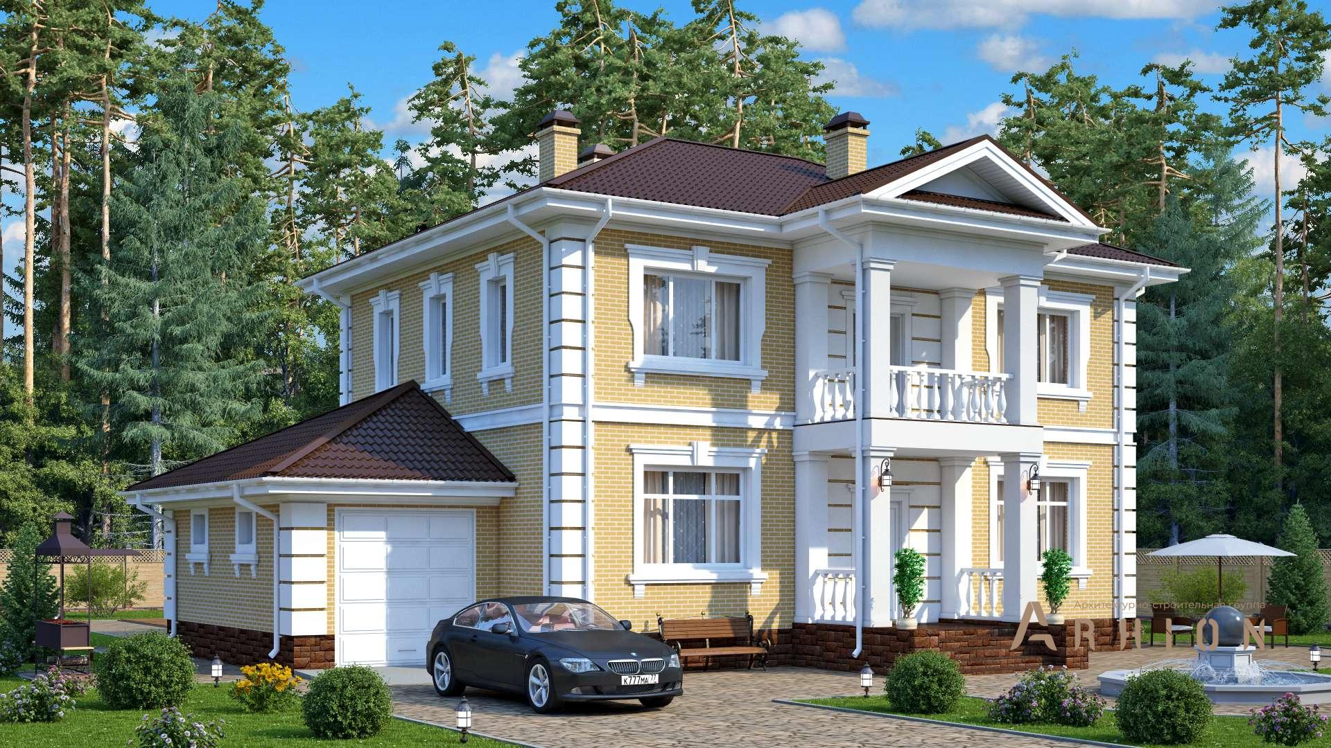 2. Проект двухэтажного дома в английском стиле с многоскатной кровлей, s-216, площадью - 205 кв c цокольным этажом, балконом, гаражом, бассейном