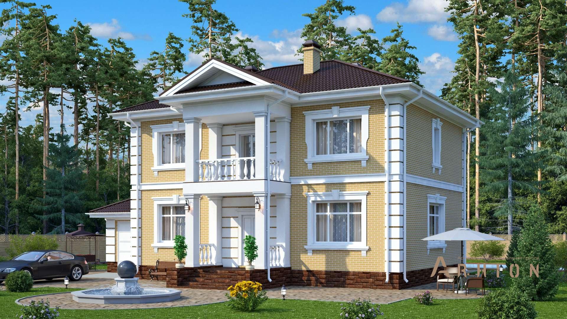 1. Проект двухэтажного дома в английском стиле с многоскатной кровлей, s-216, площадью - 205 кв c цокольным этажом, балконом, гаражом, бассейном