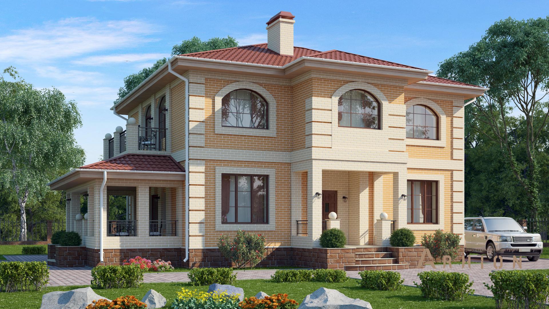 2. Проект двухэтажного дома в европейском стиле с многоскатной кровлей, s-222, площадью - 180 кв c цокольным этажом, терассой, балконом, вторым светом