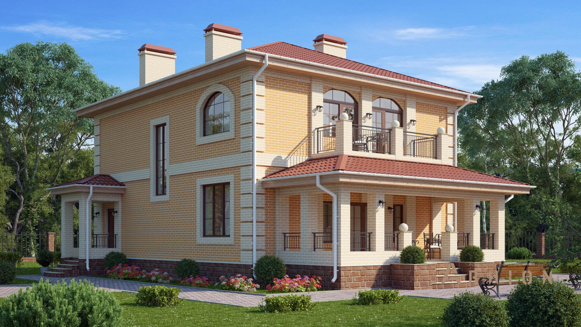 3. Проект двухэтажного дома в европейском стиле с многоскатной кровлей, s-222, площадью - 180 кв c цокольным этажом, терассой, балконом, вторым светом