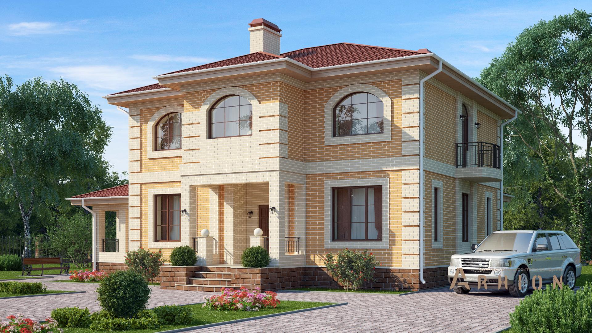 1. Проект двухэтажного дома в европейском стиле с многоскатной кровлей, s-222, площадью - 180 кв c цокольным этажом, терассой, балконом, вторым светом