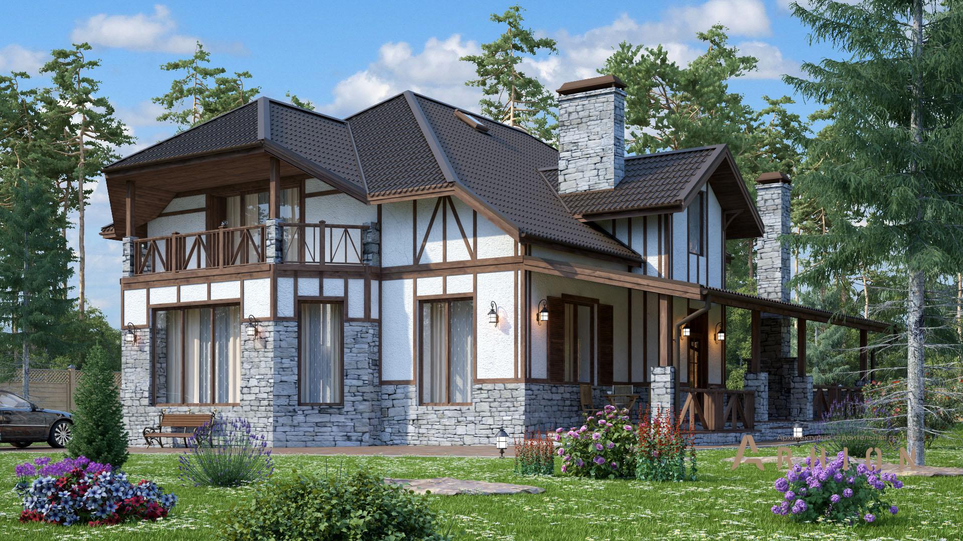 1. Проект одноэтажного дома в немецком стиле с многоскатной кровлей, s-237, площадью - 217 кв c мансардой, терассой, балконом, гаражом, эркером