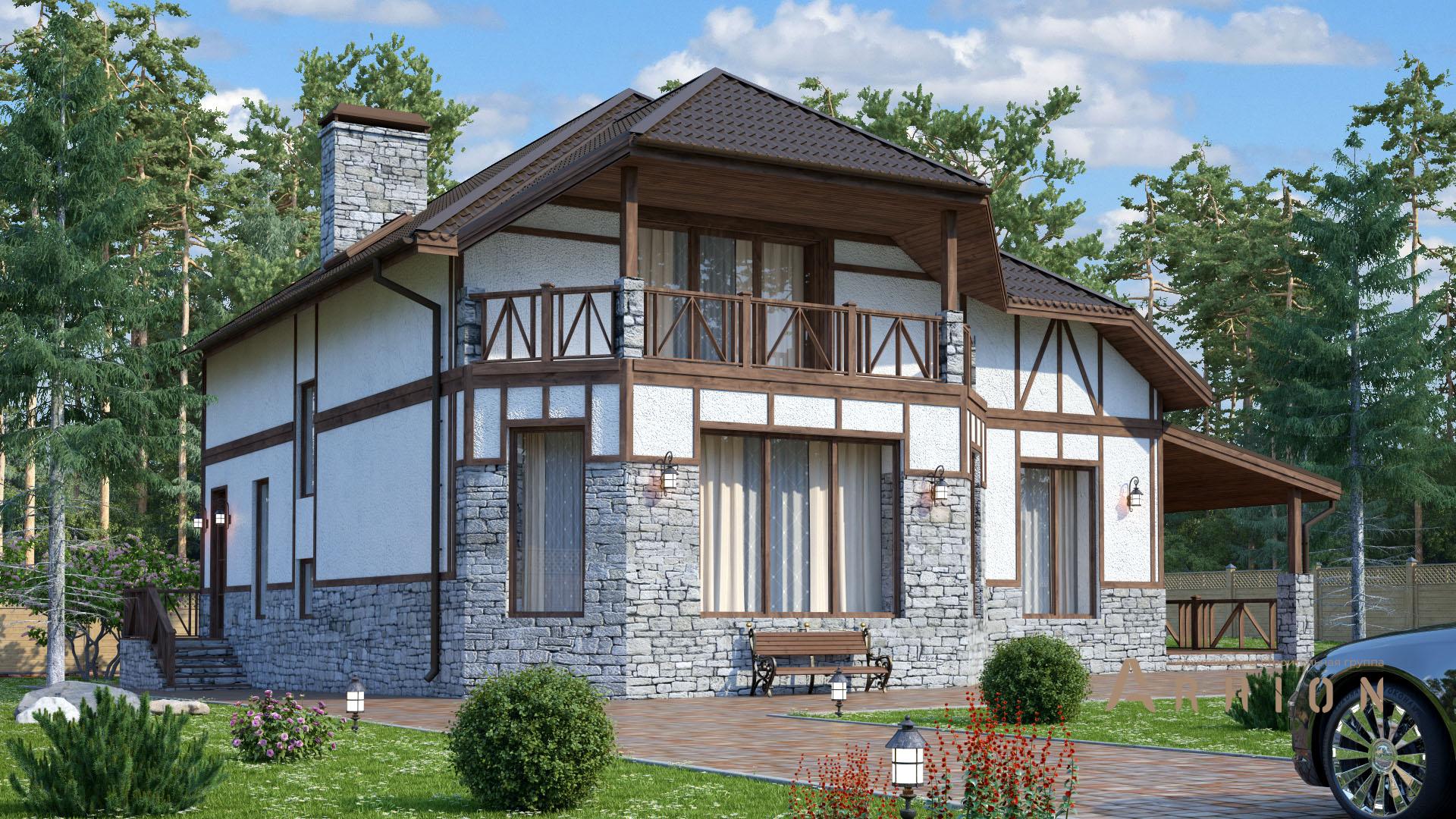 2. Проект одноэтажного дома в немецком стиле с многоскатной кровлей, s-237, площадью - 217 кв c мансардой, терассой, балконом, гаражом, эркером