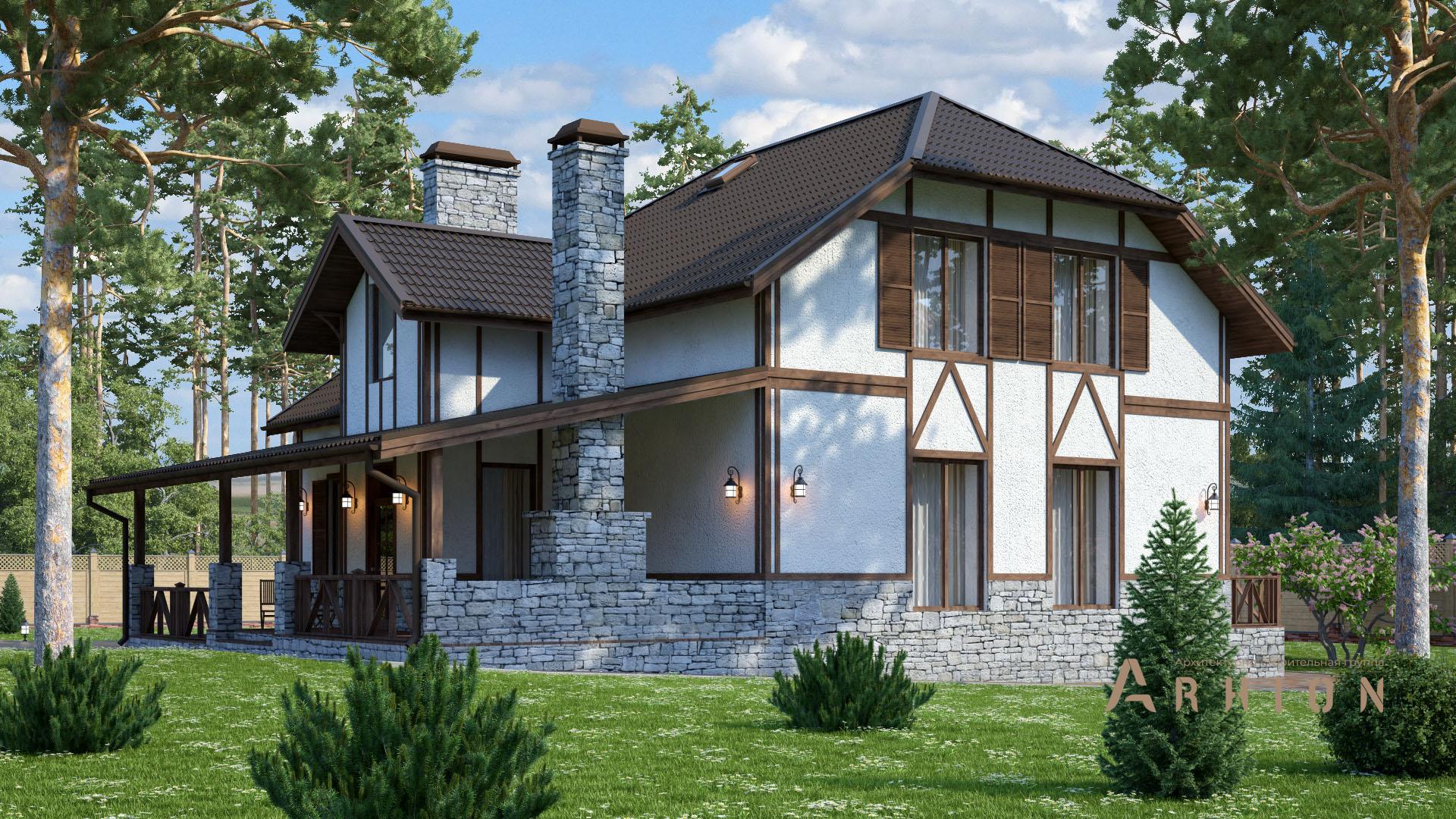 3. Проект одноэтажного дома в немецком стиле с многоскатной кровлей, s-237, площадью - 217 кв c мансардой, терассой, балконом, гаражом, эркером