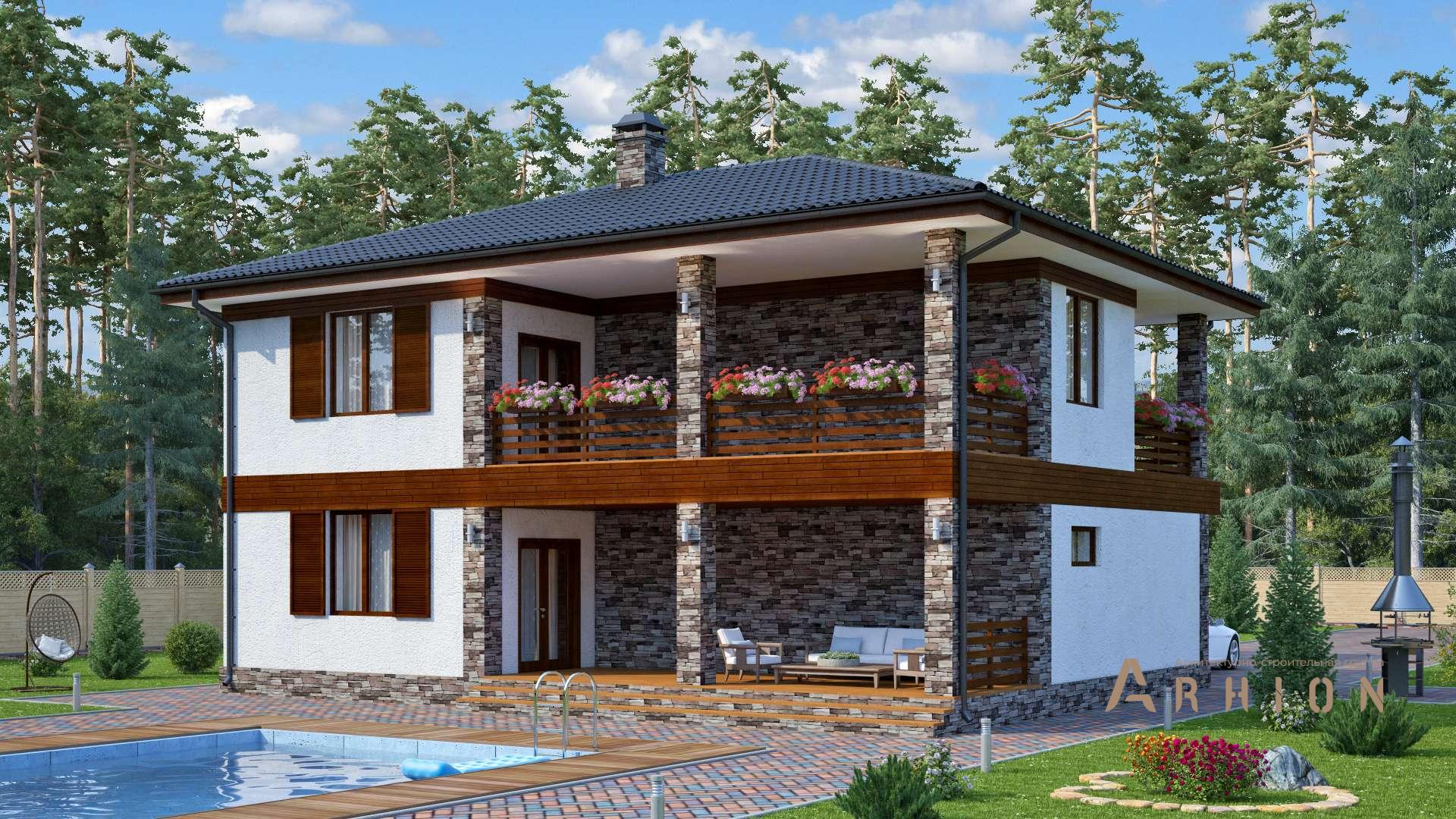 2. Проект двухэтажного дома в стиле Ллойда Райта (прерий) с многоскатной кровлей, s-247, площадью - 228 кв c цокольным этажом, терассой, балконом, гаражом, бассейном, вторым светом