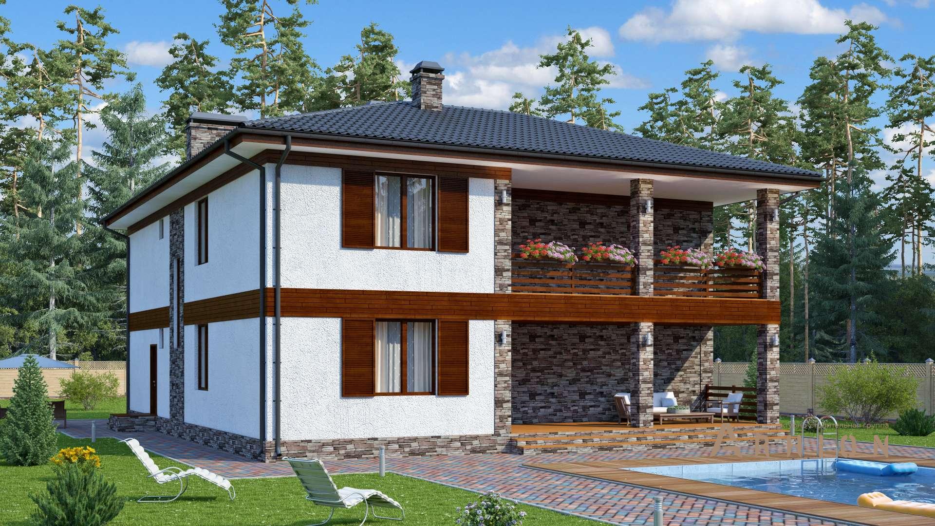 3. Проект двухэтажного дома в стиле Ллойда Райта (прерий) с многоскатной кровлей, s-247, площадью - 228 кв c цокольным этажом, терассой, балконом, гаражом, бассейном, вторым светом