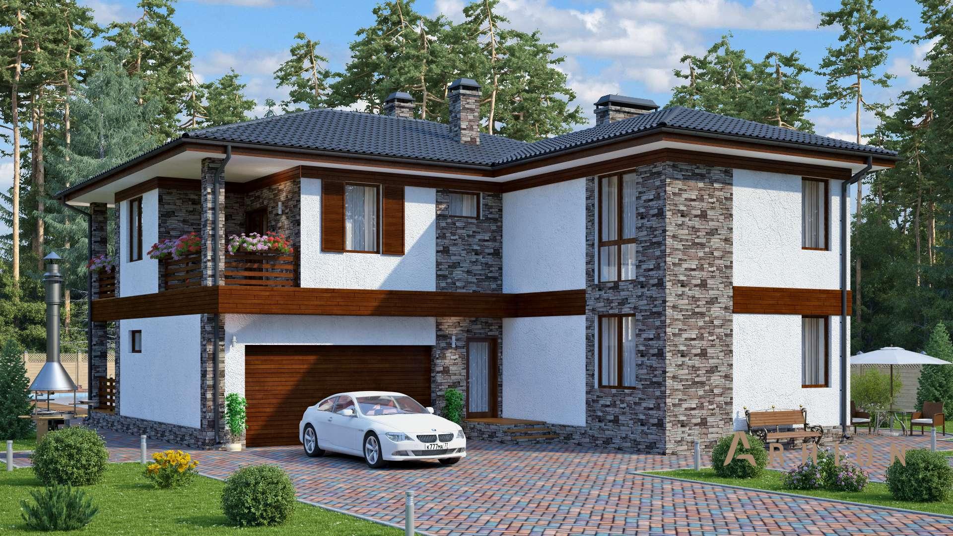 1. Проект двухэтажного дома в стиле Ллойда Райта (прерий) с многоскатной кровлей, s-247, площадью - 228 кв c цокольным этажом, терассой, балконом, гаражом, бассейном, вторым светом