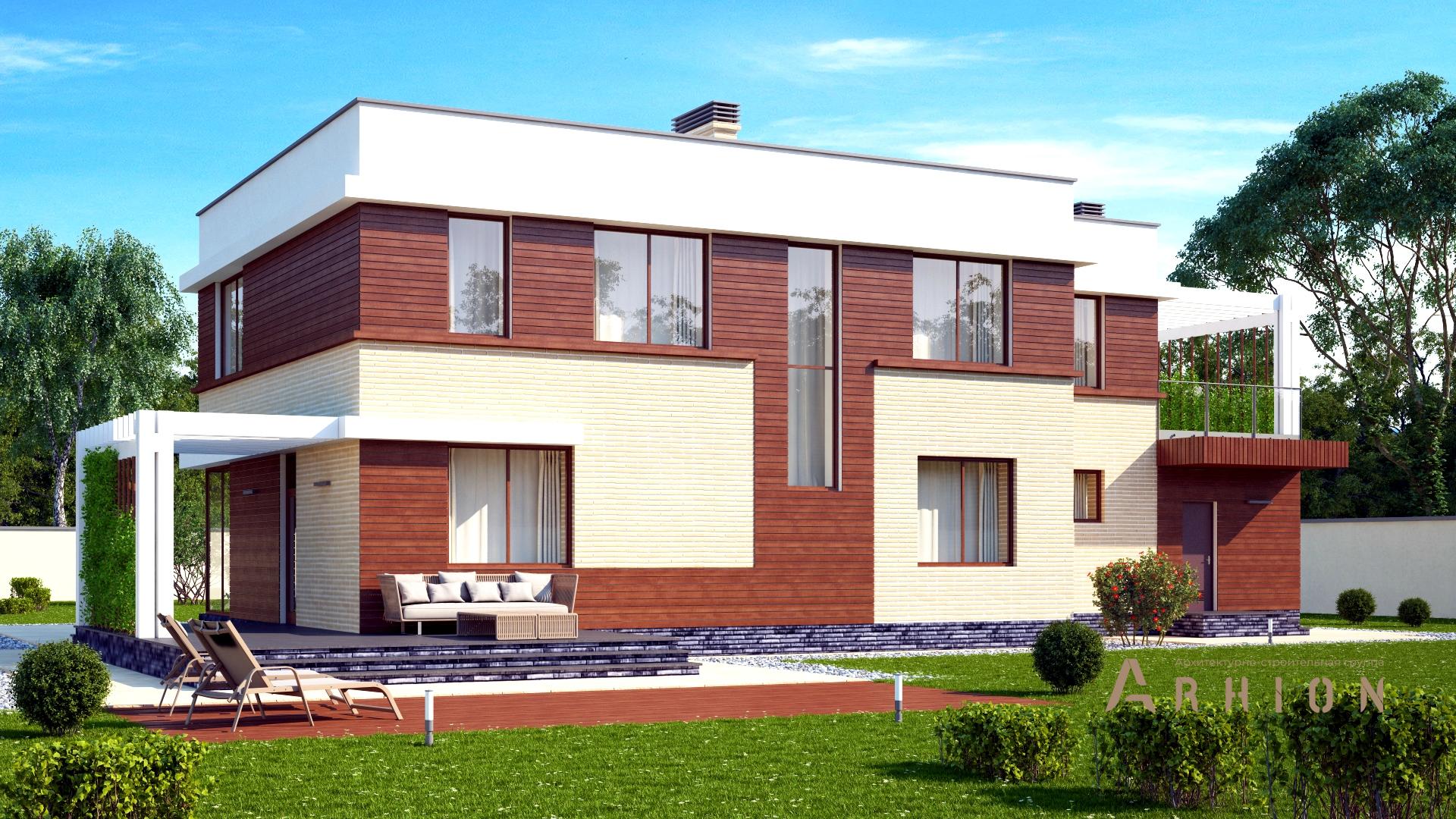 1. Проект двухэтажного дома в стиле хай-тек с плоской кровлей , s-264, площадью - 263 кв c цокольным этажом, терассой, гаражом, вторым светом