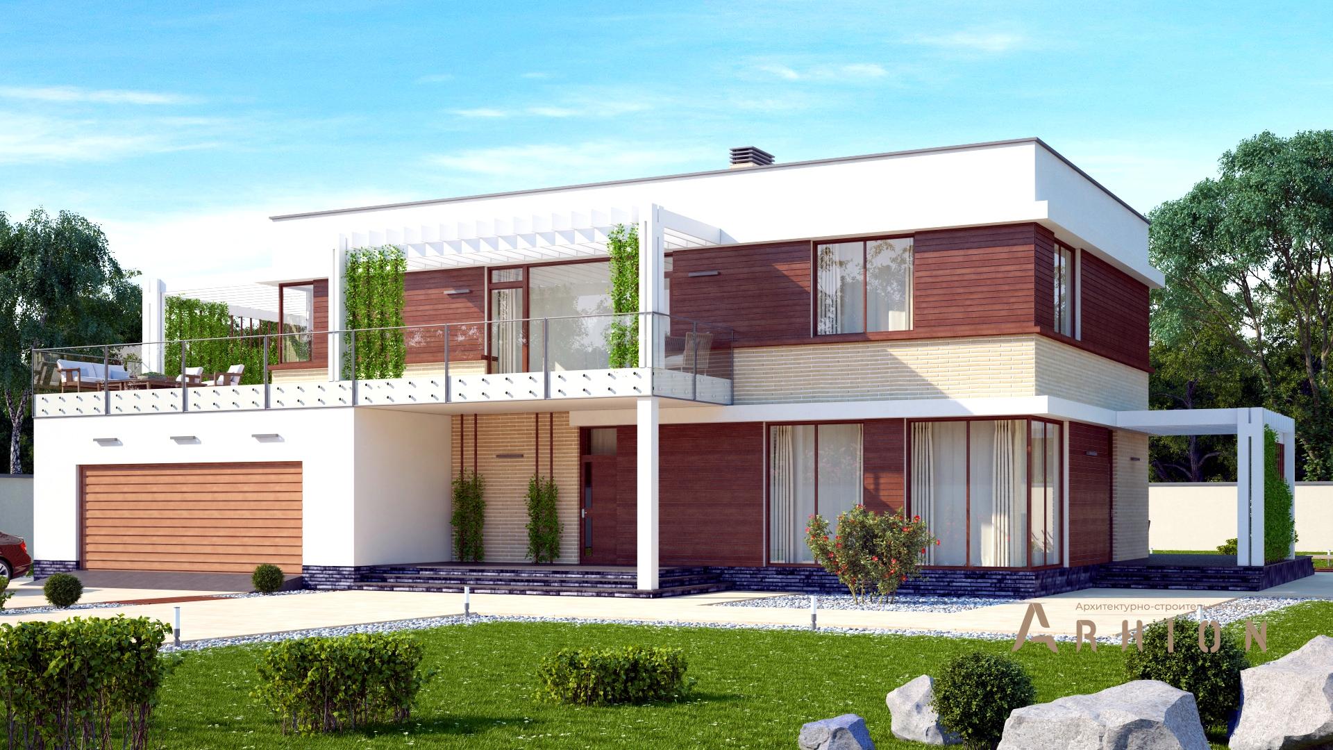 3. Проект двухэтажного дома в стиле хай-тек с плоской кровлей , s-264, площадью - 263 кв c цокольным этажом, терассой, гаражом, вторым светом