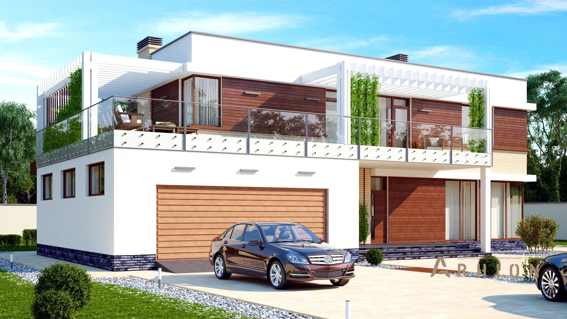 2. Проект двухэтажного дома в стиле хай-тек с плоской кровлей , s-264, площадью - 263 кв c цокольным этажом, терассой, гаражом, вторым светом