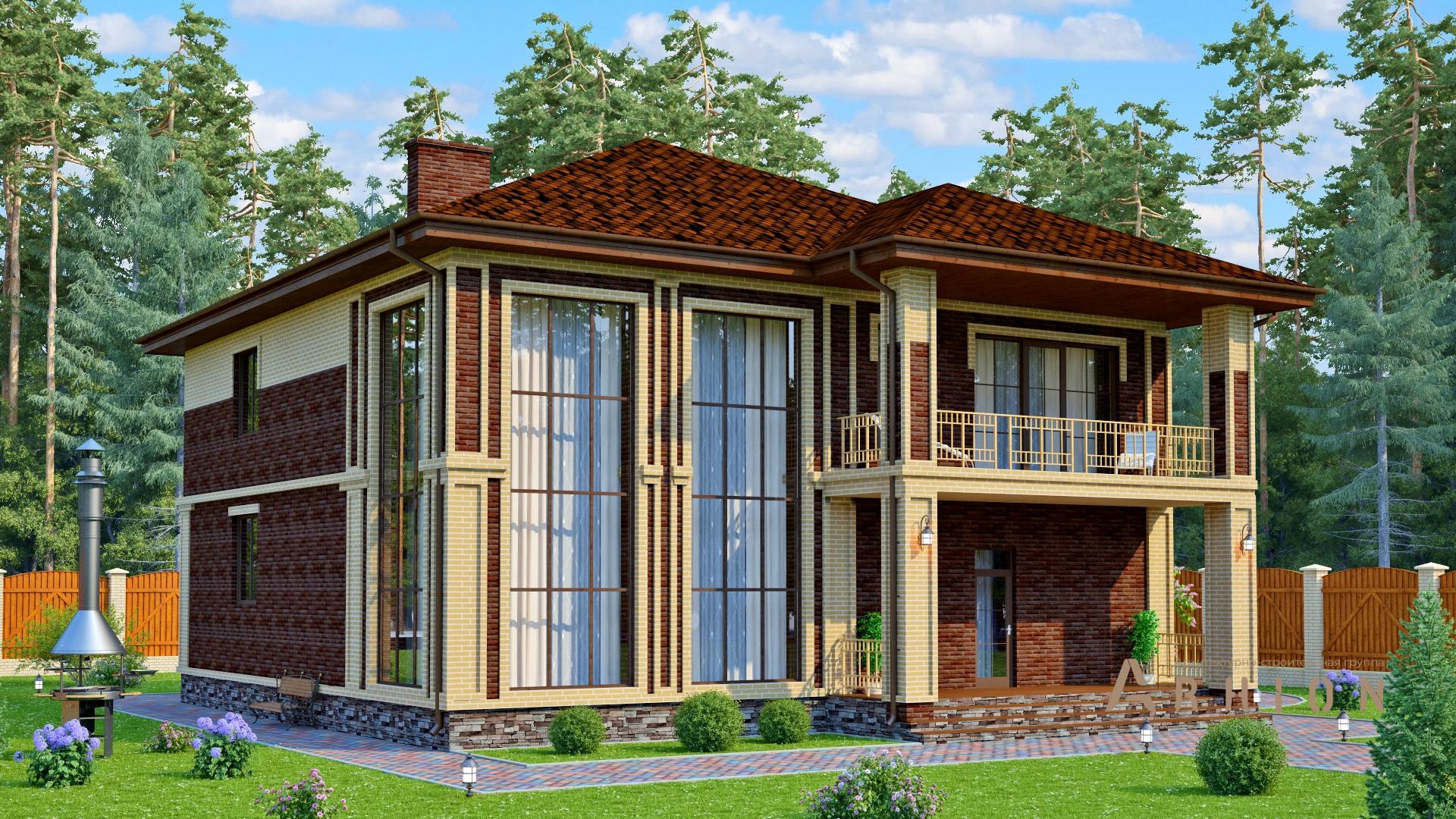 1. Проект двухэтажного дома в европейском стиле с многоскатной кровлей, s-290, площадью - 251 кв c сауной, балконом, вторым светом
