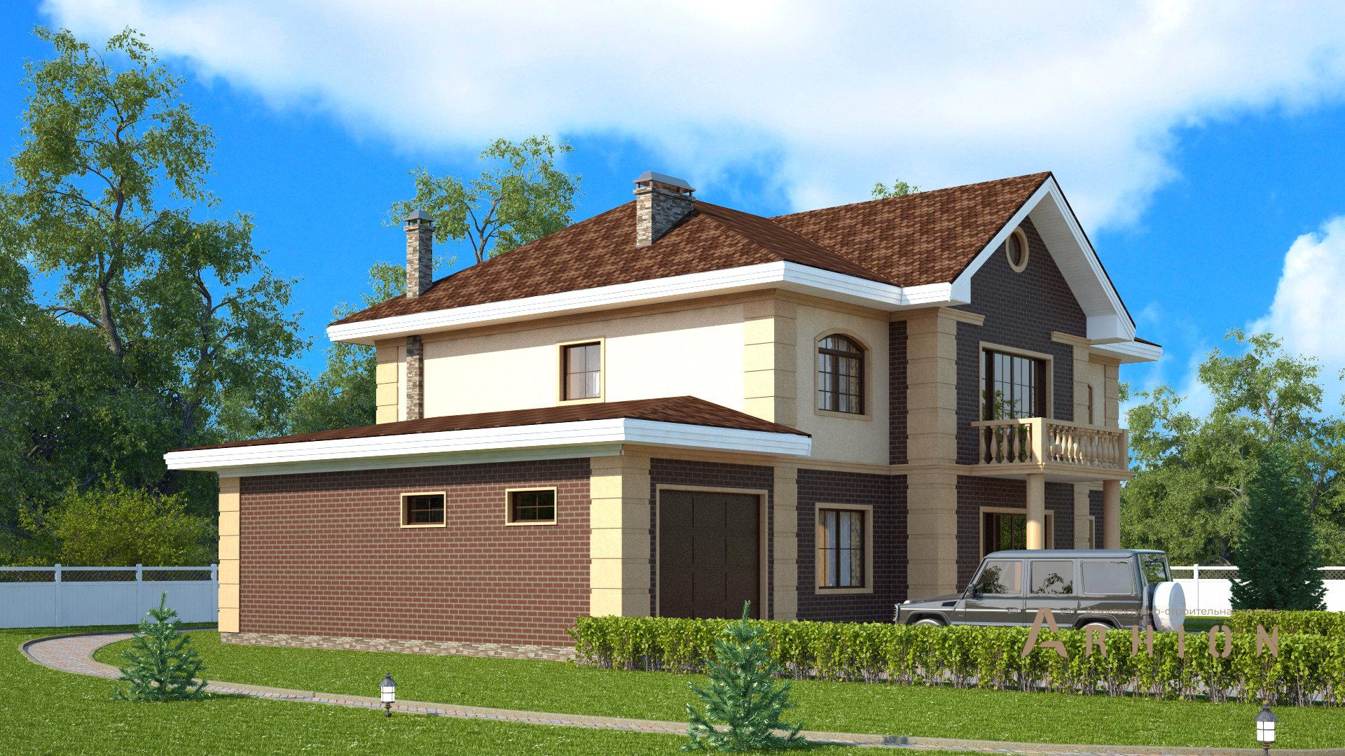 2. Проект двухэтажного дома в европейском стиле с многоскатной кровлей, s-293, площадью - 293 кв c сауной, балконом, гаражом