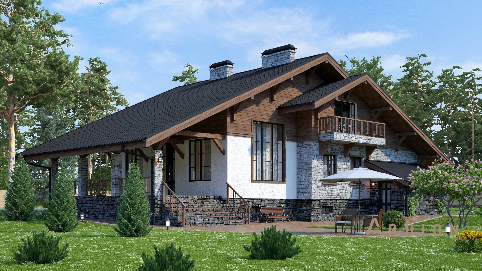 3. Проект двухэтажного дома в стиле шале с двускатной кровлей, s-296, площадью - 282 кв c цокольным этажом, сауной, терассой, балконом, гаражом