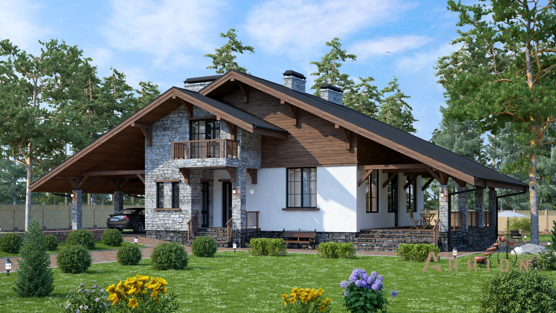 2. Проект двухэтажного дома в стиле шале с двускатной кровлей, s-296, площадью - 282 кв c цокольным этажом, сауной, терассой, балконом, гаражом