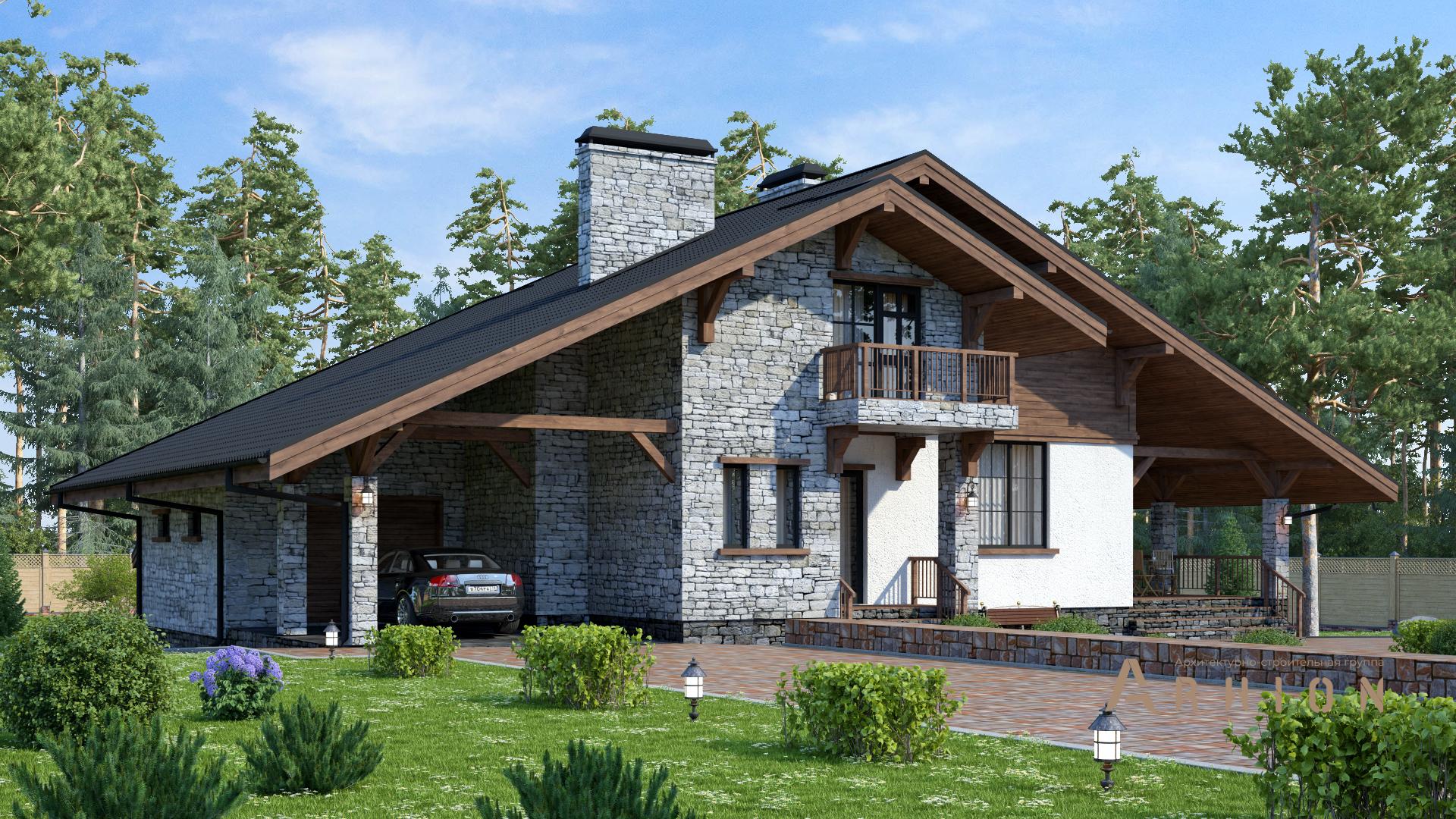 1. Проект двухэтажного дома в стиле шале с двускатной кровлей, s-296, площадью - 282 кв c цокольным этажом, сауной, терассой, балконом, гаражом