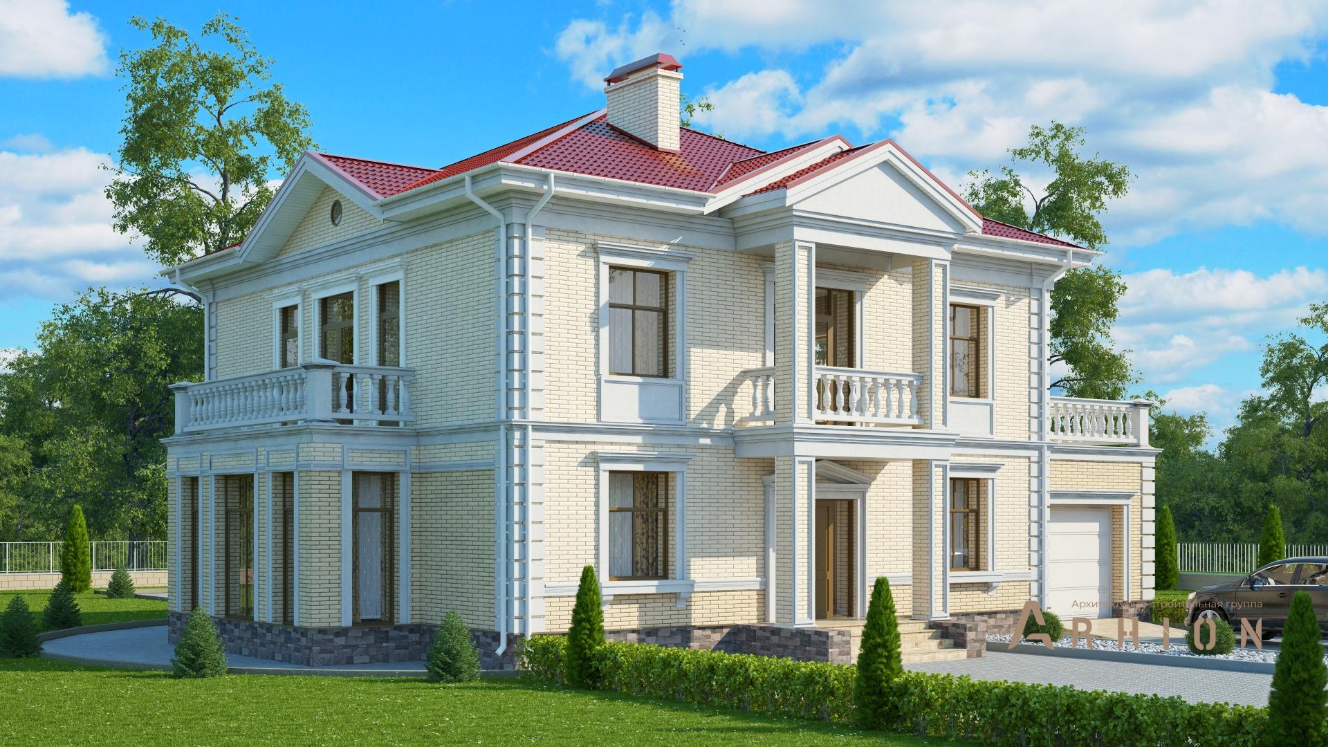 2. Проект двухэтажного дома в английском стиле с многоскатной кровлей, s-327-1, площадью - 288 кв c цокольным этажом, терассой, балконом, гаражом