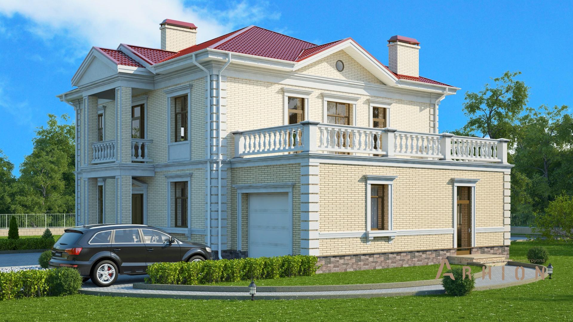 3. Проект двухэтажного дома в английском стиле с многоскатной кровлей, s-327-1, площадью - 288 кв c цокольным этажом, терассой, балконом, гаражом