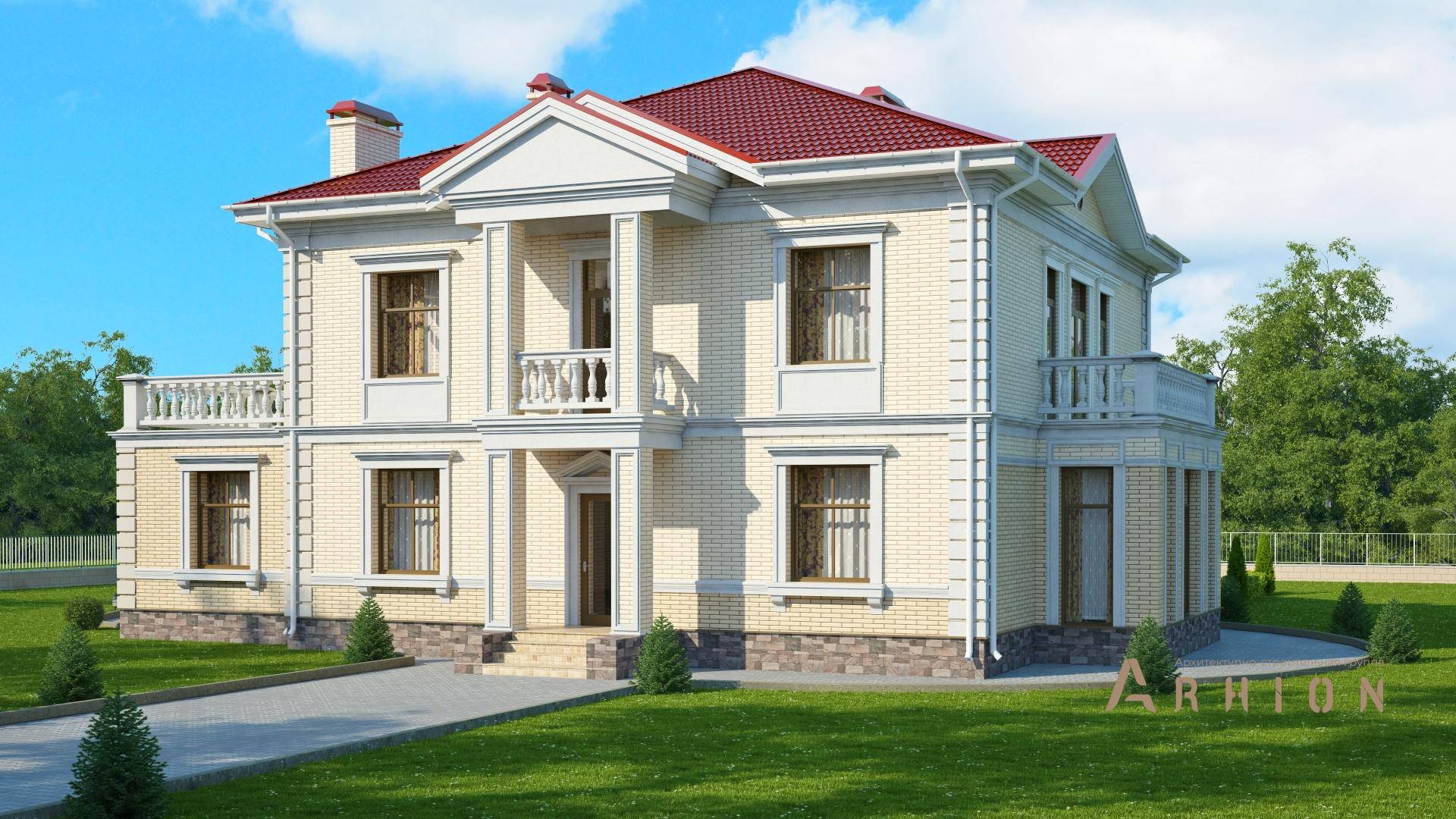 1. Проект двухэтажного дома в английском стиле с многоскатной кровлей, s-327-1, площадью - 288 кв c цокольным этажом, терассой, балконом, гаражом