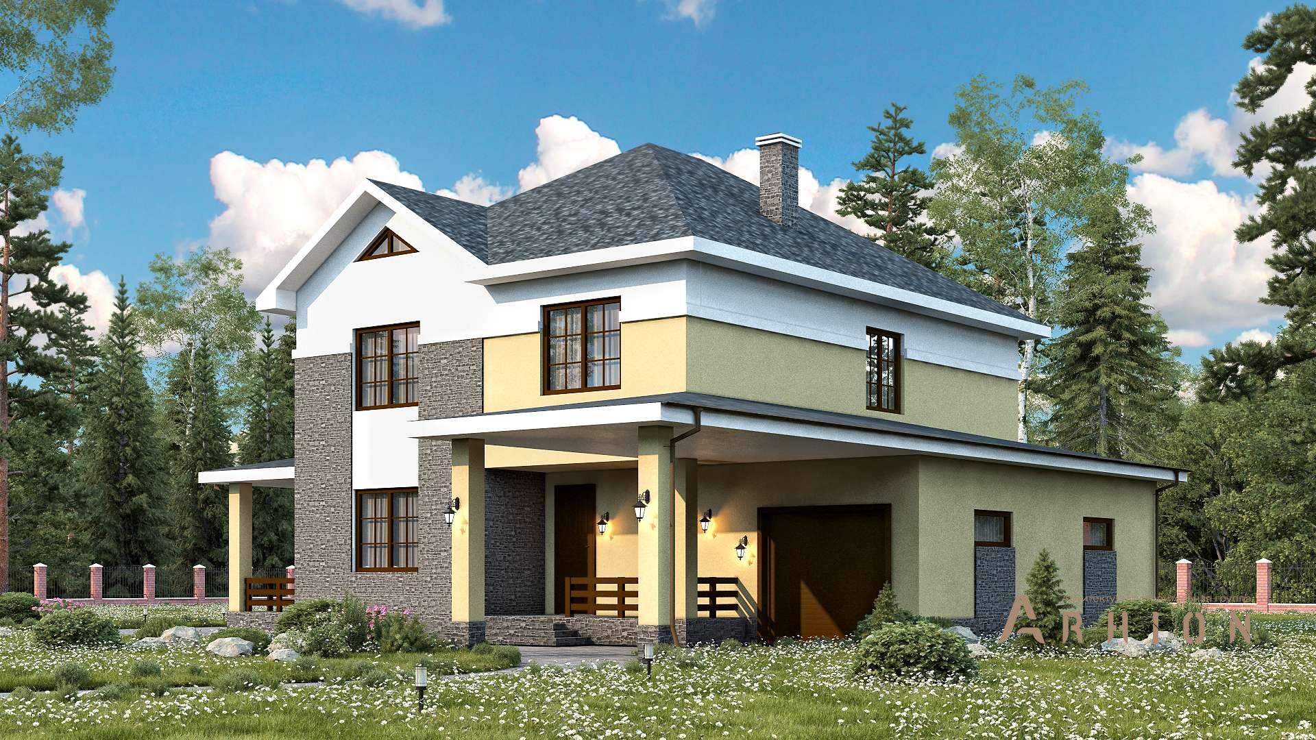 3. Проект двухэтажного дома в европейском стиле с двускатной кровлей, s-327, площадью - 263 кв c цокольным этажом, мансардой, сауной, терассой, гаражом