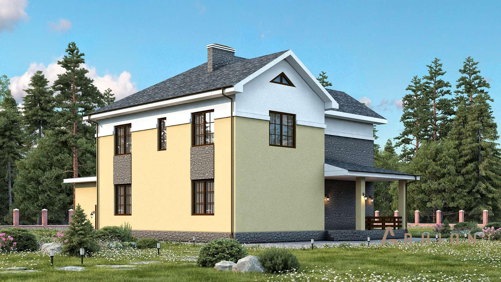 2. Проект двухэтажного дома в европейском стиле с двускатной кровлей, s-327, площадью - 263 кв c цокольным этажом, мансардой, сауной, терассой, гаражом