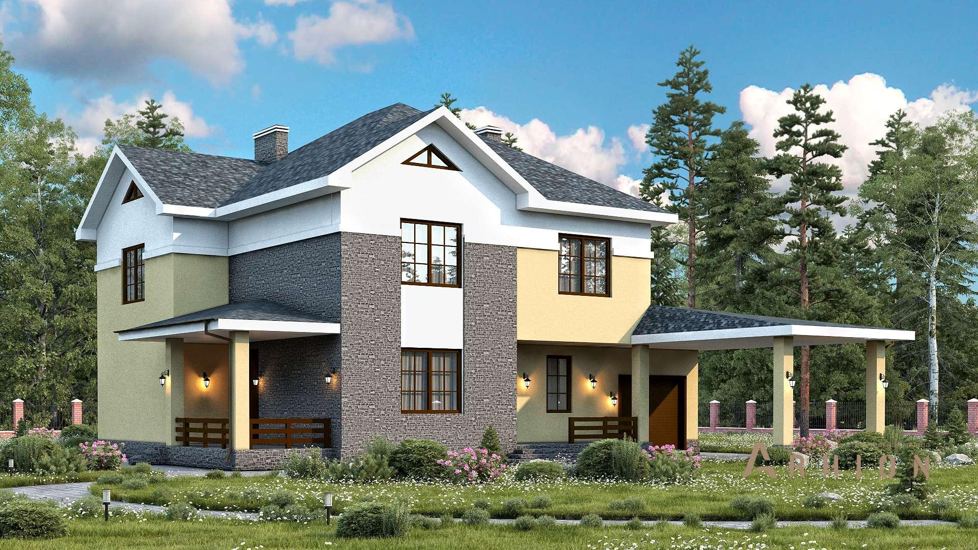 1. Проект двухэтажного дома в европейском стиле с двускатной кровлей, s-327, площадью - 263 кв c цокольным этажом, мансардой, сауной, терассой, гаражом