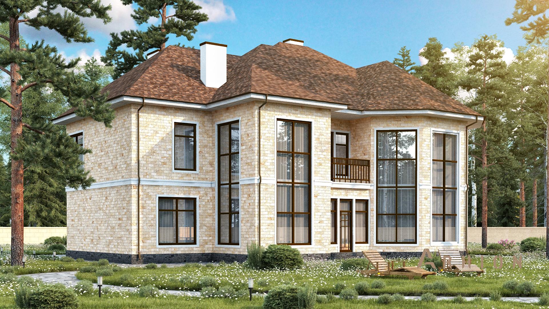 3. Проект двухэтажного дома в европейском стиле с многоскатной кровлей, s-345, площадью - 307 кв c терассой, балконом, эркером, вторым светом