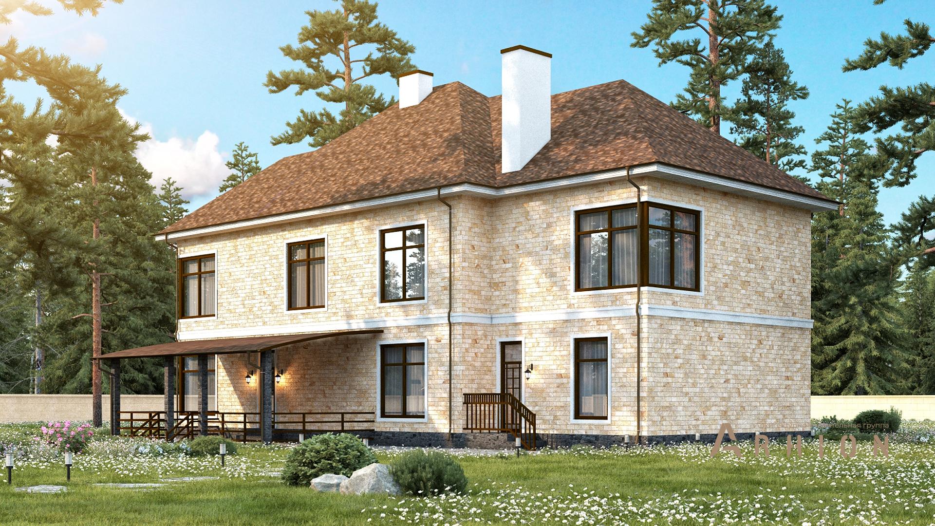 2. Проект двухэтажного дома в европейском стиле с многоскатной кровлей, s-345, площадью - 307 кв c терассой, балконом, эркером, вторым светом