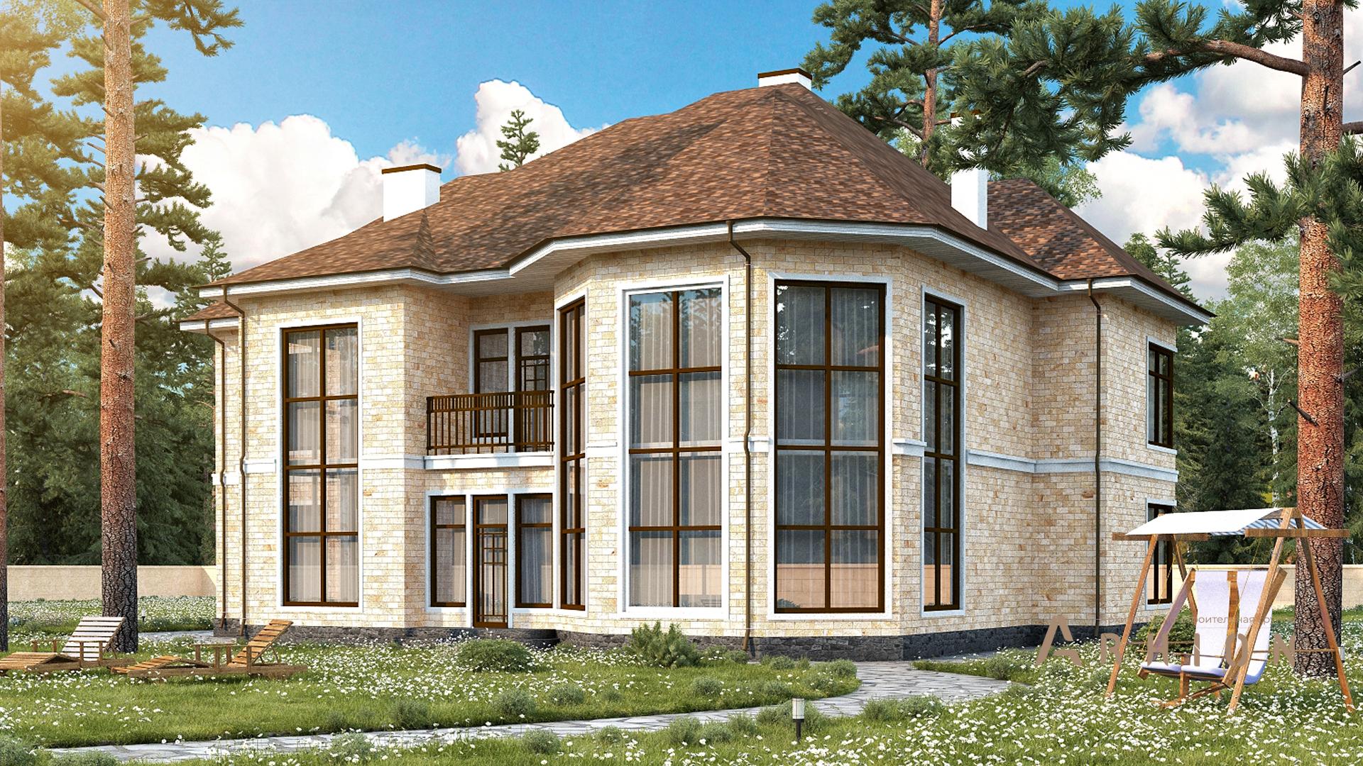 1. Проект двухэтажного дома в европейском стиле с многоскатной кровлей, s-345, площадью - 307 кв c терассой, балконом, эркером, вторым светом