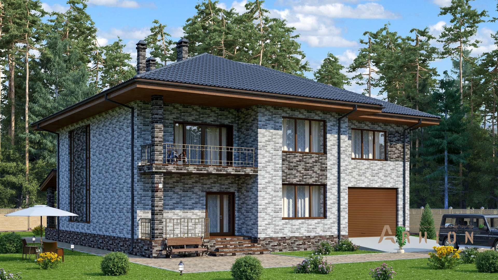 2. Проект двухэтажного дома в европейском стиле с многоскатной кровлей, s-382, площадью - 365 кв c цокольным этажом, балконом, гаражом, вторым светом