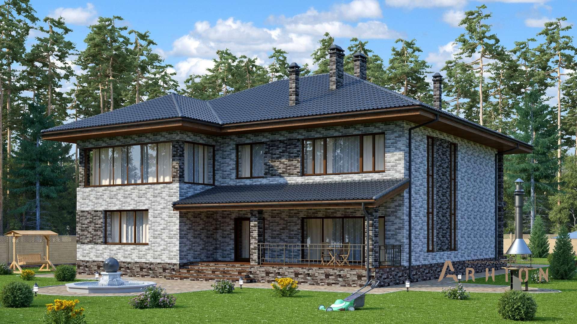 3. Проект двухэтажного дома в европейском стиле с многоскатной кровлей, s-382, площадью - 365 кв c цокольным этажом, балконом, гаражом, вторым светом