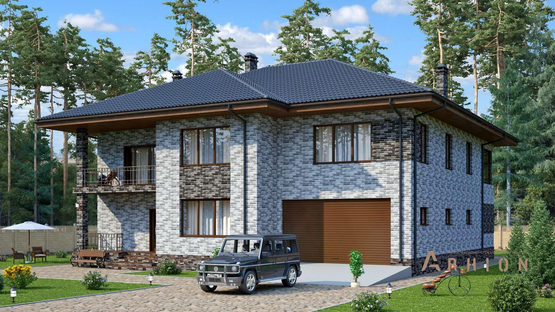 1. Проект двухэтажного дома в европейском стиле с многоскатной кровлей, s-382, площадью - 365 кв c цокольным этажом, балконом, гаражом, вторым светом