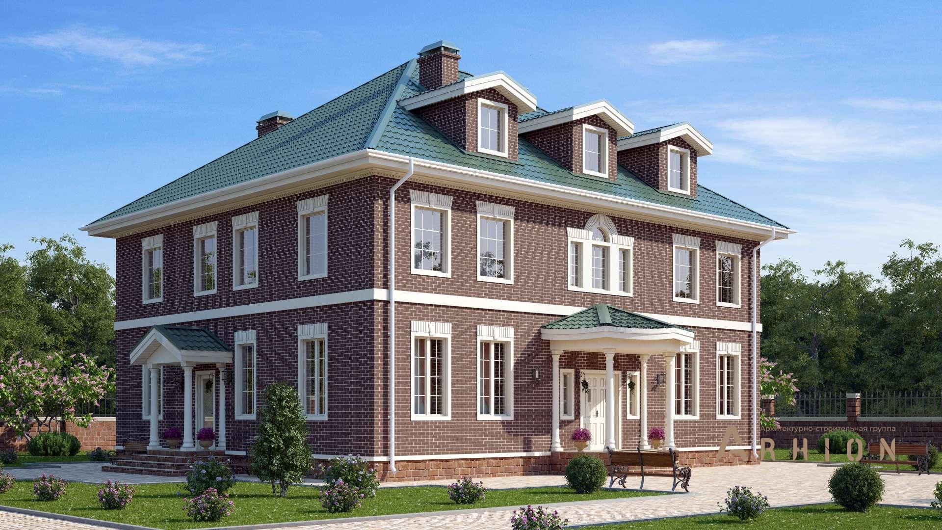 2. Проект двухэтажного дома в английском стиле с многоскатной кровлей, s-403, площадью - 386 кв c цокольным этажом, мансардой