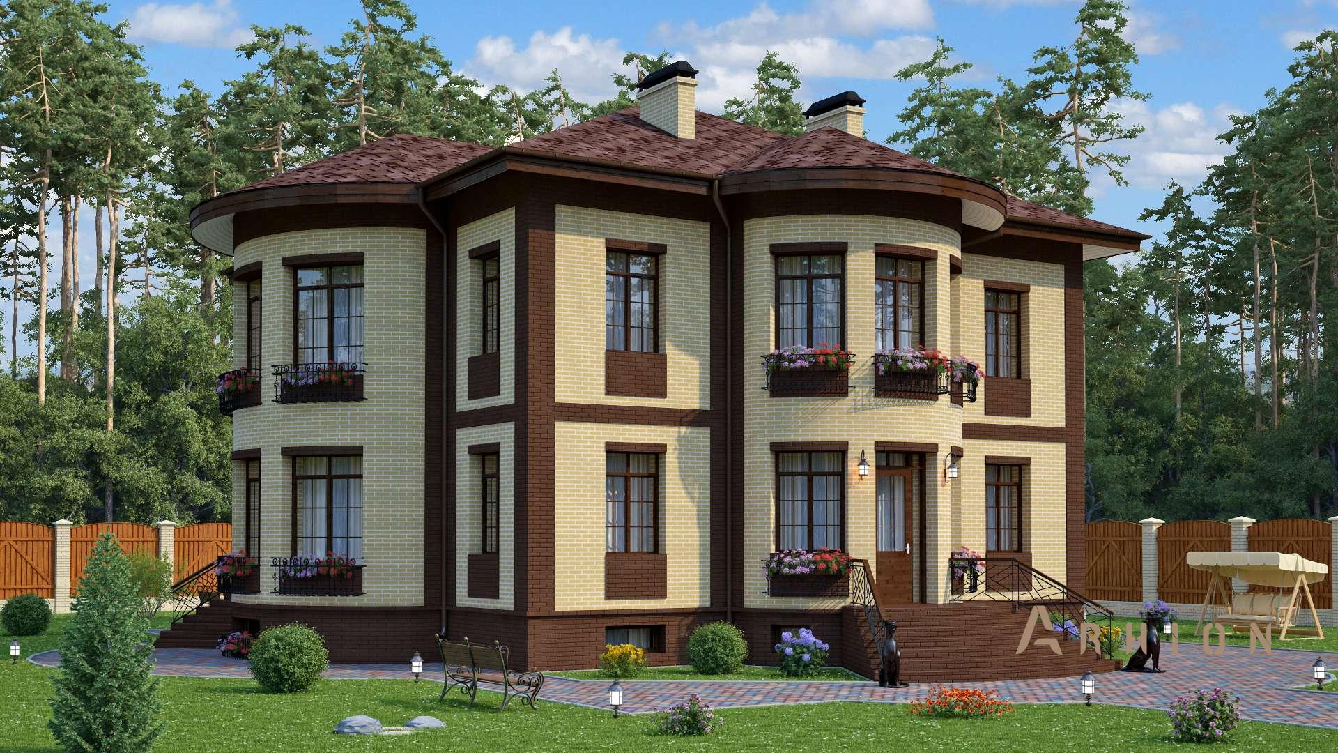 4. Проект двухэтажного дома в европейском стиле с многоскатной кровлей, s-441, площадью - 422 кв c цокольным этажом, эркером, вторым светом