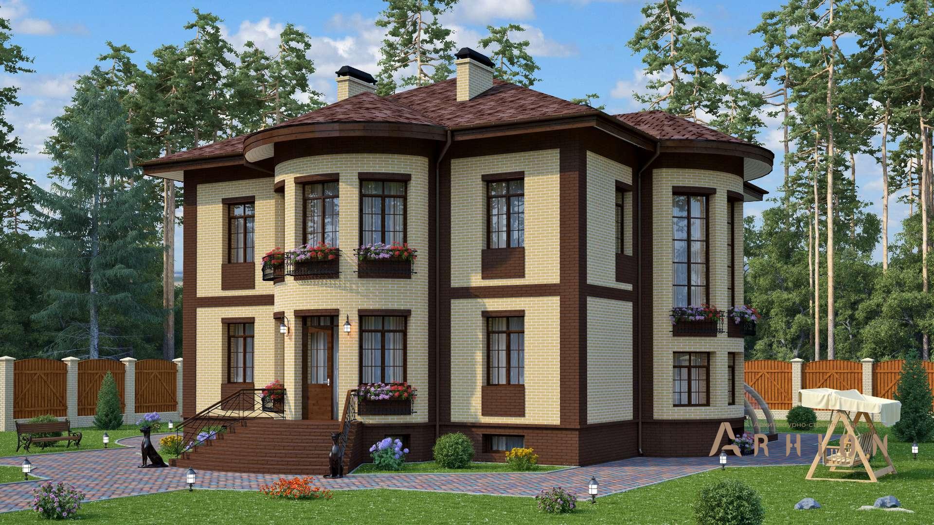 1. Проект двухэтажного дома в европейском стиле с многоскатной кровлей, s-441, площадью - 422 кв c цокольным этажом, эркером, вторым светом