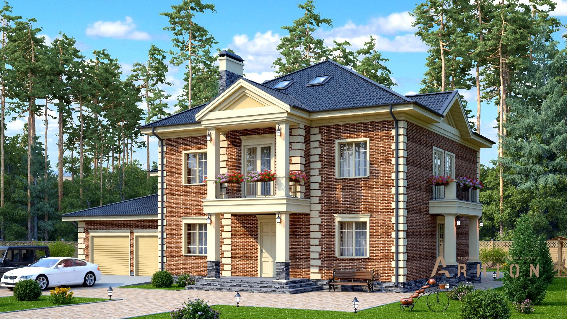 2. Проект двухэтажного дома в английском стиле с многоскатной кровлей, s-452, площадью - 360 кв c мансардой, терассой, балконом, гаражом, бассейном