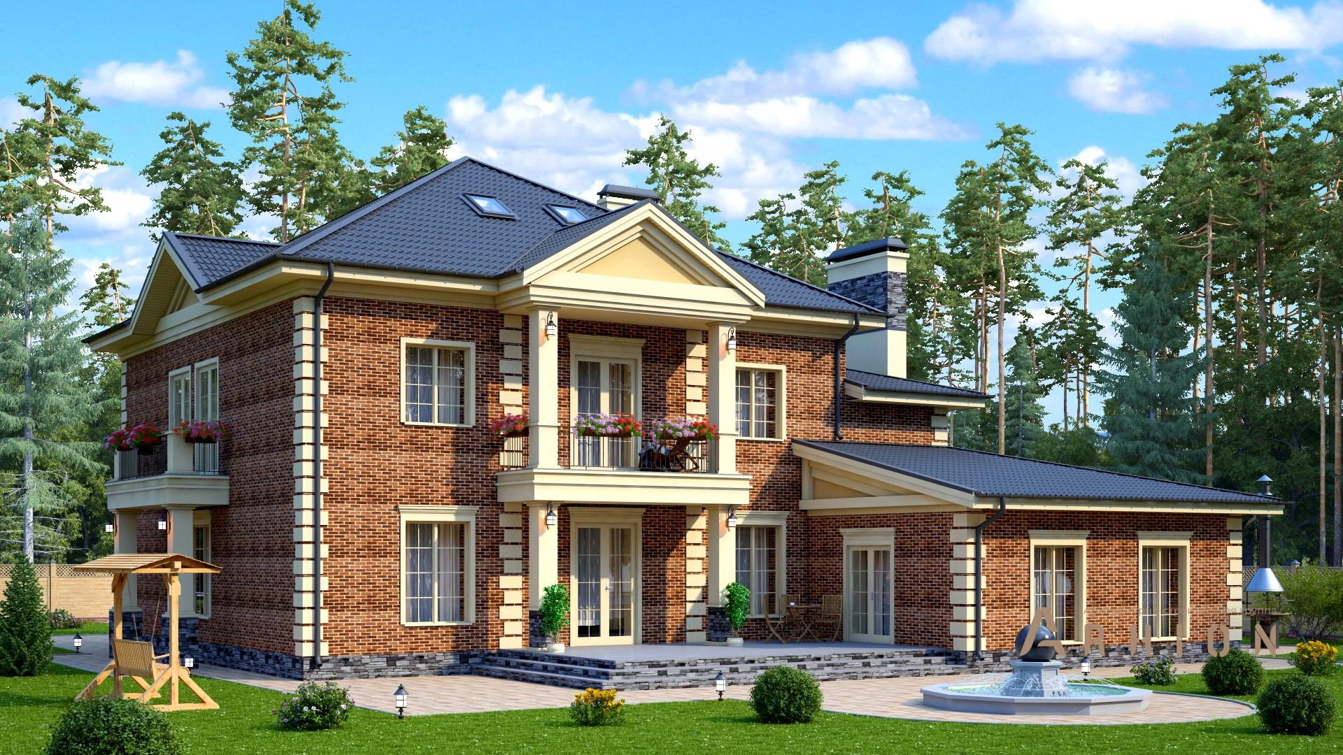 3. Проект двухэтажного дома в английском стиле с многоскатной кровлей, s-452, площадью - 360 кв c мансардой, терассой, балконом, гаражом, бассейном